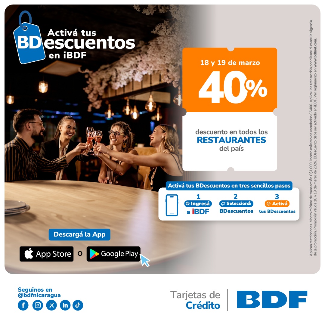 Beneficios exclusivos Tarjetas de Crédito BDF - 40% de descuento en Restaurantes del país