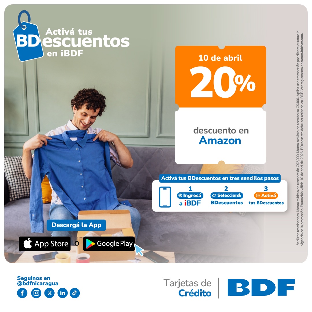 Beneficios exclusivos Tarjetas de Crédito BDF - 20% de descuento en todas las compras en línea en Amazon