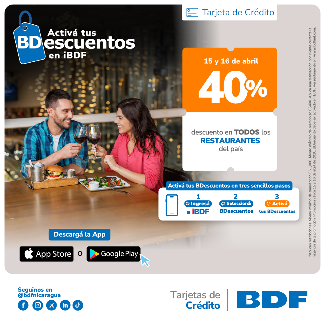 Beneficios exclusivos Tarjetas de Crédito BDF - 40% descuento en Restaurantes del país