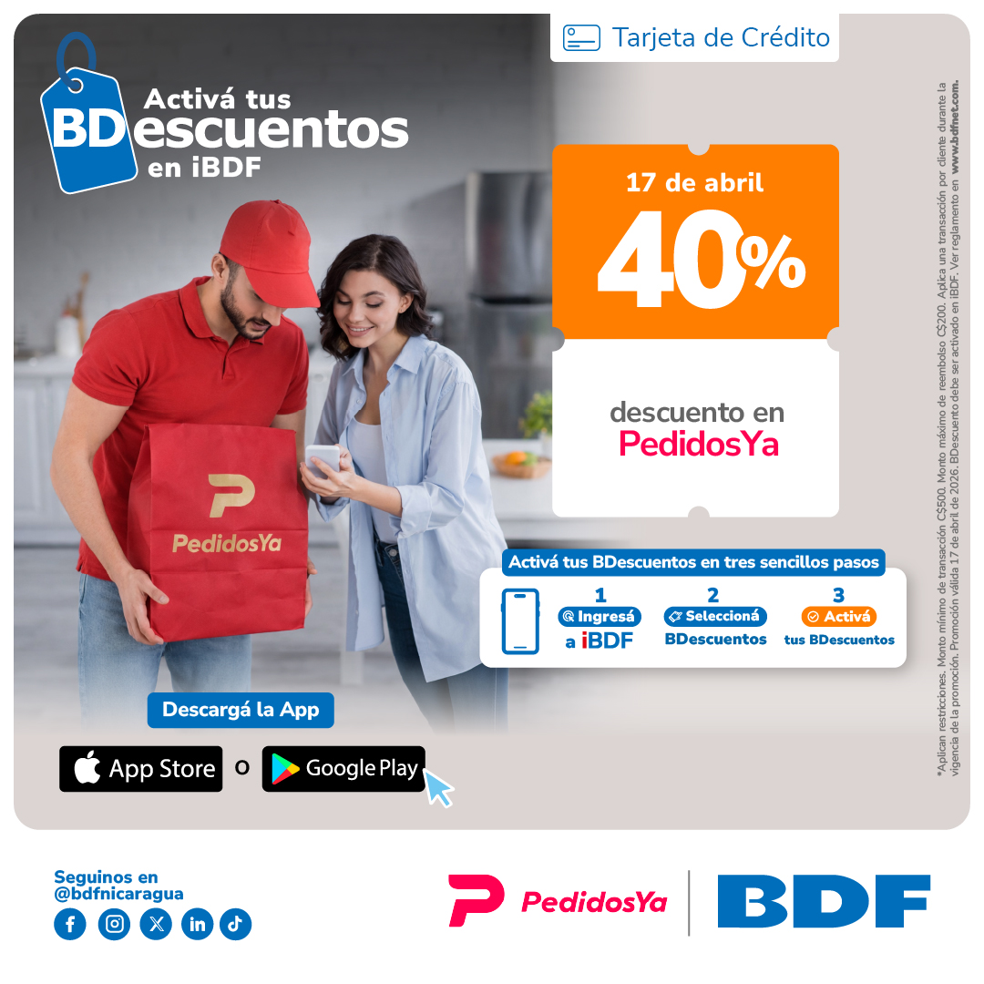 Beneficios exclusivos Tarjetas de Crédito BDF - 40% descuento en toda la app de PedidosYa