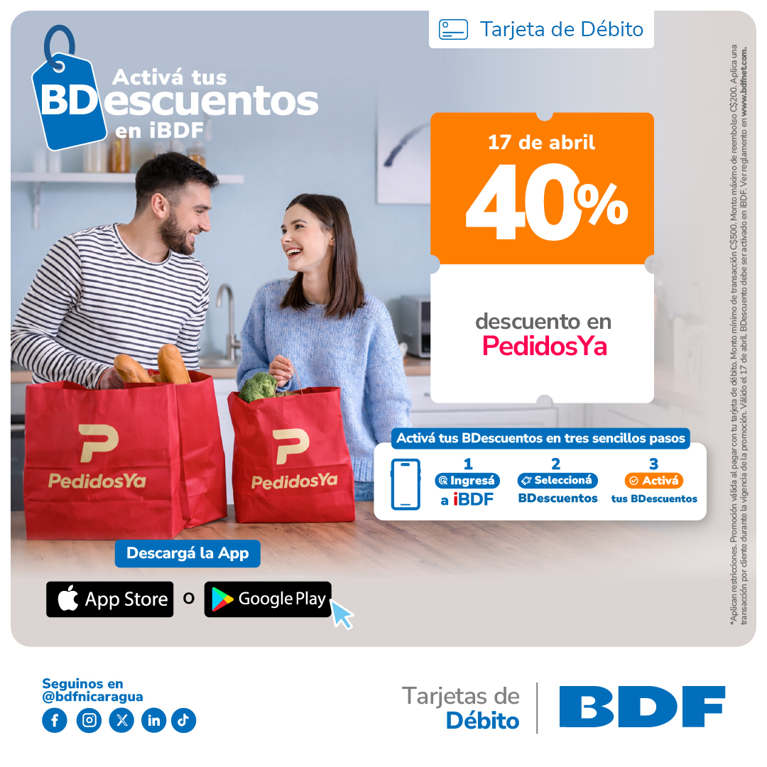 Beneficios exclusivos Tarjetas de Crédito BDF - Descuento del 40% en PedidosYa