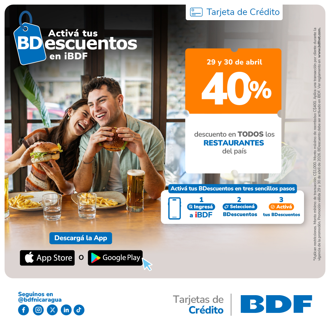 Beneficios exclusivos Tarjetas de Crédito BDF - 40% de descuento en Restaurantes del país