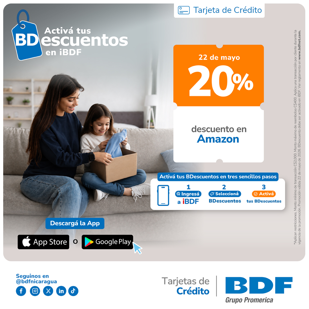 Beneficios exclusivos Tarjetas de Crédito BDF - 20% descuento en todas las compras en línea en Amazon