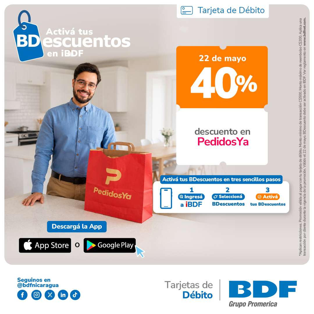 Beneficios exclusivos Tarjetas de Crédito BDF - Descuento del 40% en PedidosYa