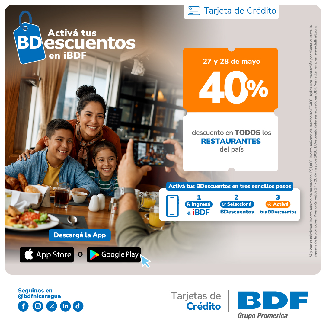 Beneficios exclusivos Tarjetas de Crédito BDF - 40% descuento en Restaurantes del país