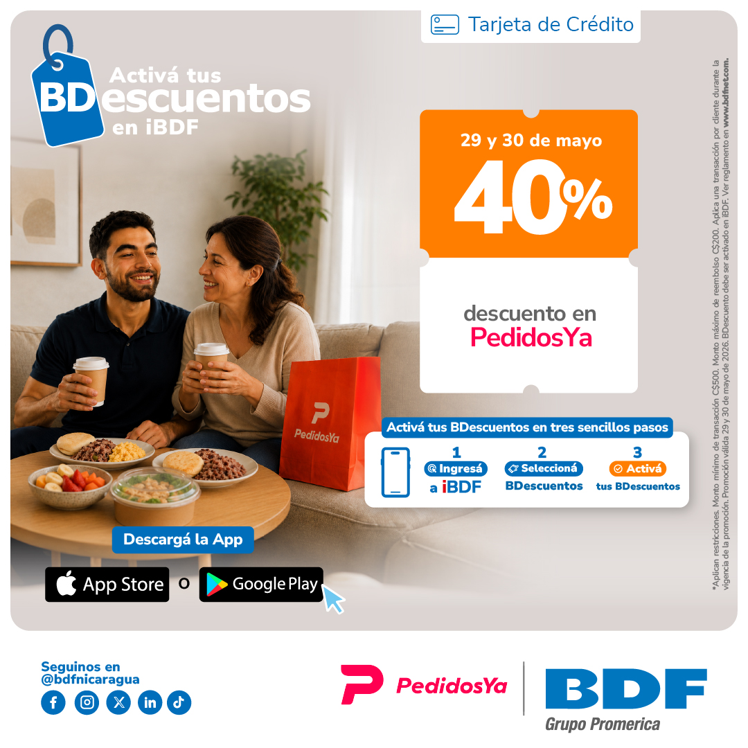 Beneficios exclusivos Tarjetas de Crédito BDF - 40% descuento en toda la app de PedidosYa