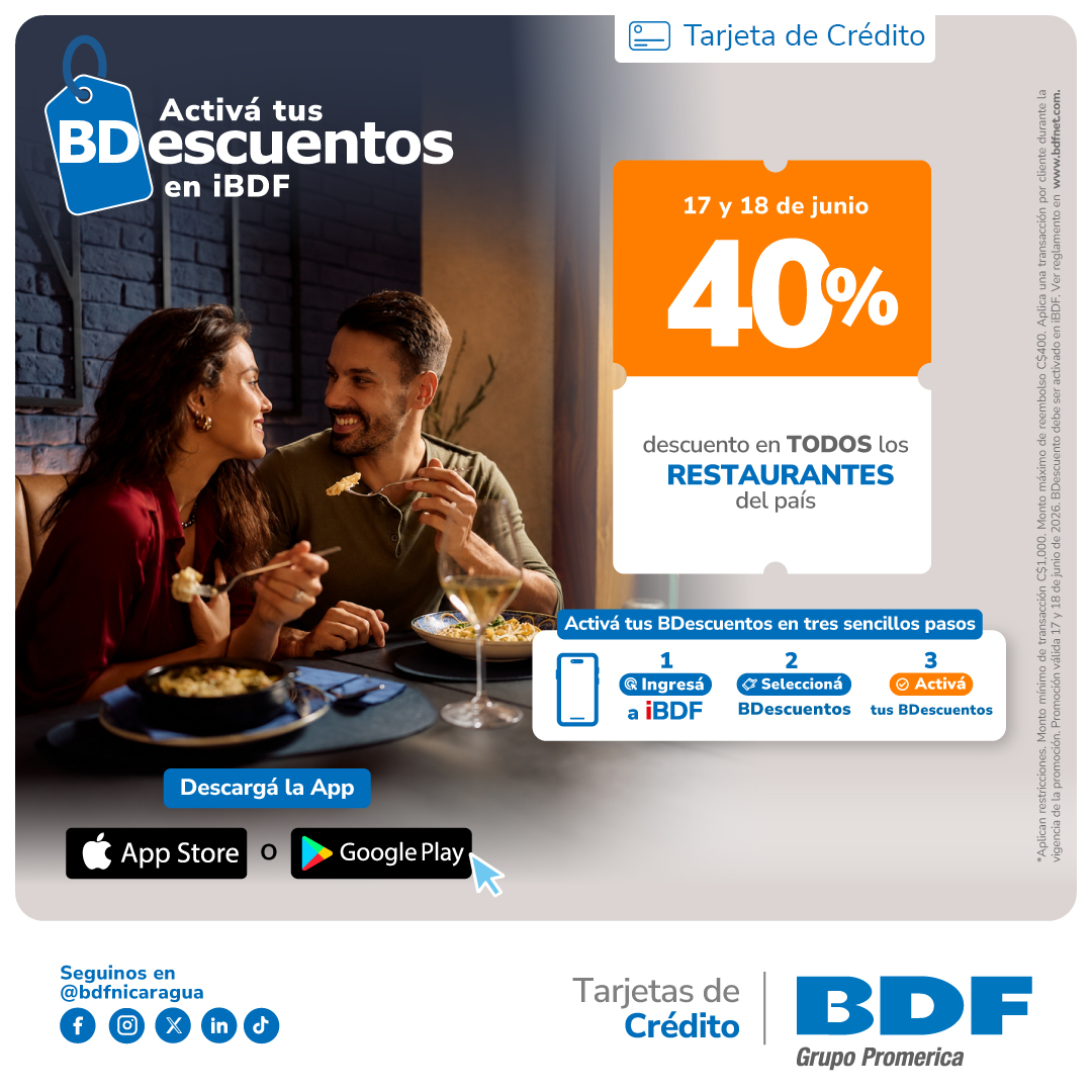 Beneficios exclusivos Tarjetas de Crédito BDF - 40% descuento en Restaurantes del país