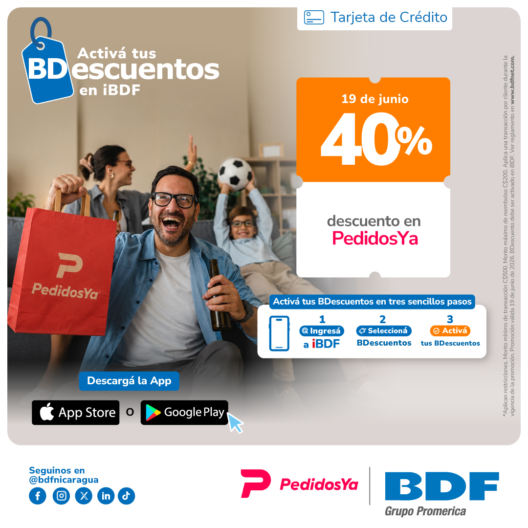Beneficios exclusivos Tarjetas de Crédito BDF - 40% descuento en toda la app de PedidosYa