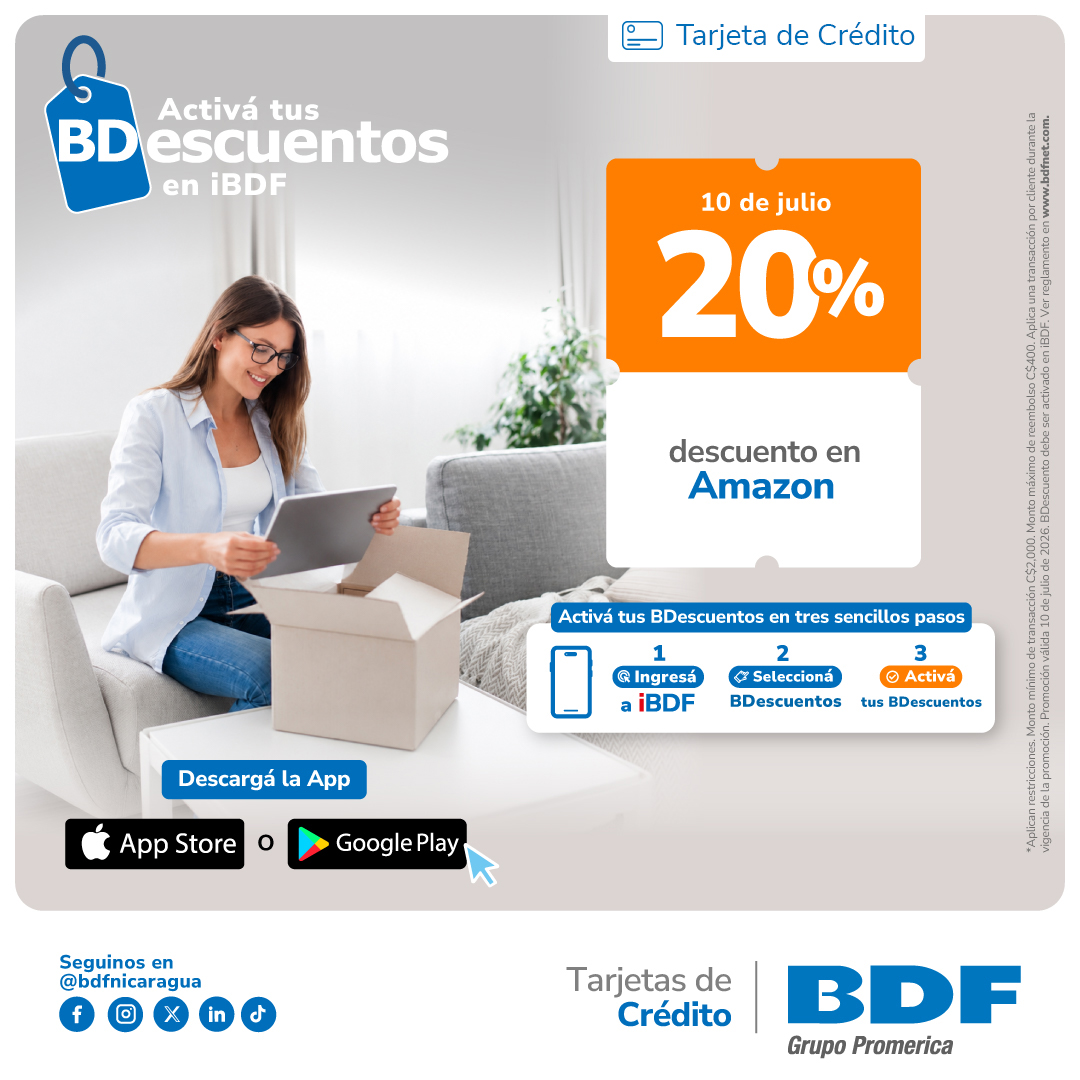 Beneficios exclusivos Tarjetas de Crédito BDF - 20% de descuento en todas las compras en línea en Amazon