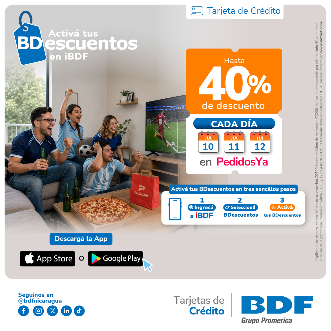Beneficios exclusivos Tarjetas de Crédito BDF - 40% descuento en toda la app de PedidosYa