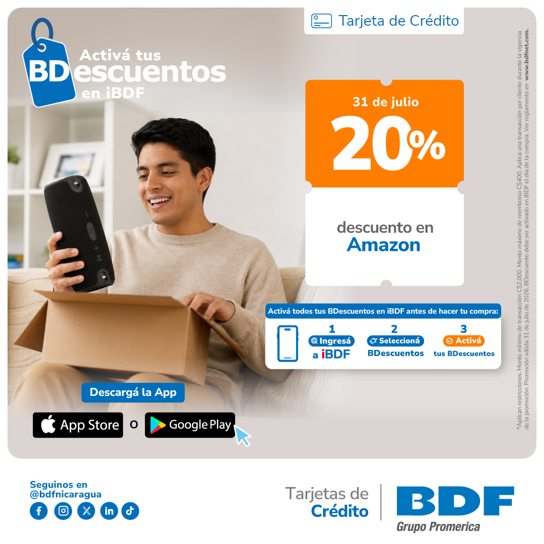 Beneficios exclusivos Tarjetas de Crédito BDF - 20% de descuento en todas las compras en línea en Amazon