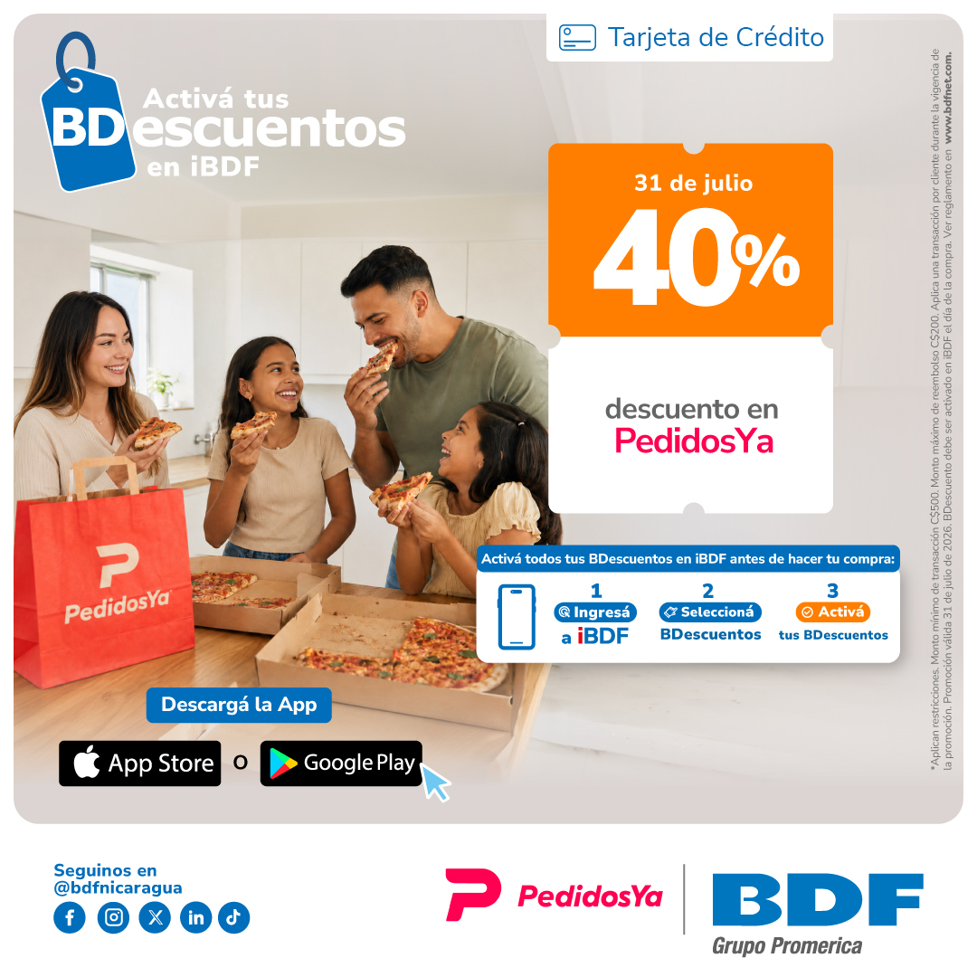 Beneficios exclusivos Tarjetas de Crédito BDF - 40% descuento en toda la app de PedidosYa