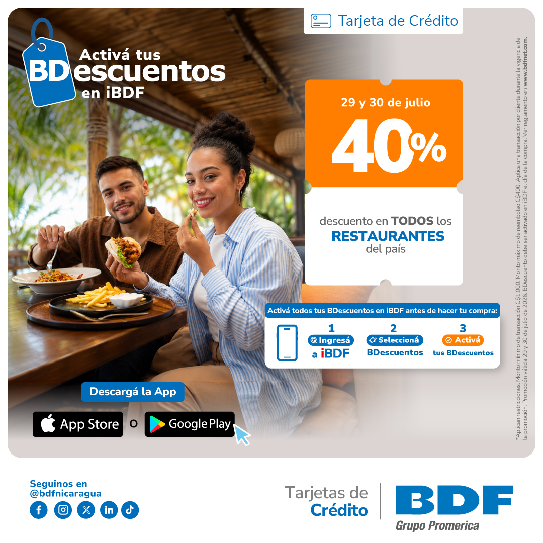 Beneficios exclusivos Tarjetas de Crédito BDF - 40% de descuento en Restaurantes