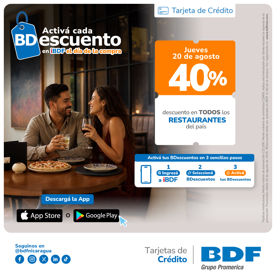 Beneficios exclusivos Tarjetas de Crédito BDF - 40% de descuento en Restaurantes del país