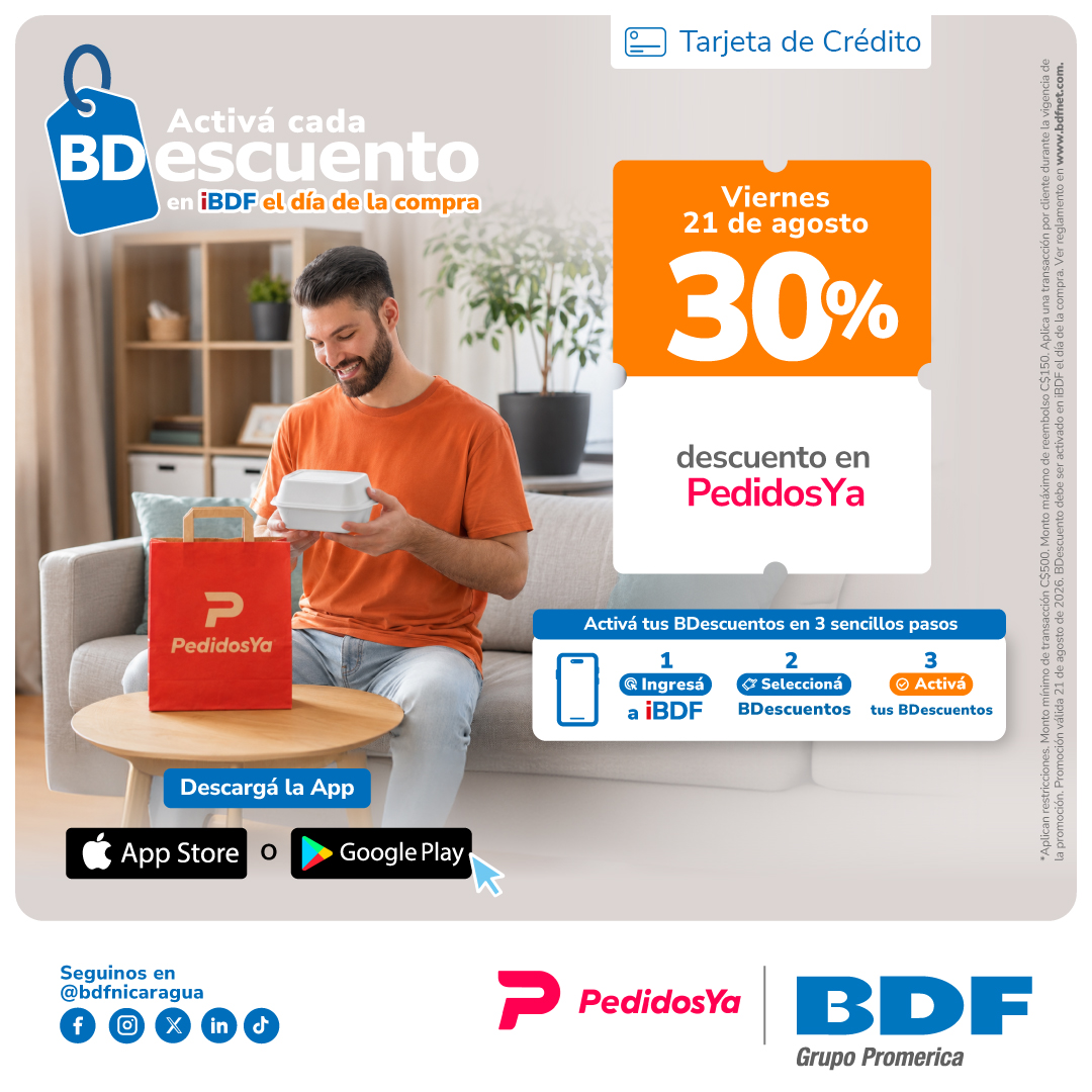 Beneficios exclusivos Tarjetas de Crédito BDF - 30% descuento en toda la app de PedidosYa