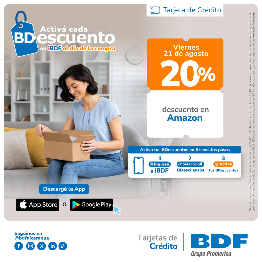 Beneficios exclusivos Tarjetas de Crédito BDF - 20% descuento en todas las compras en línea en Amazon