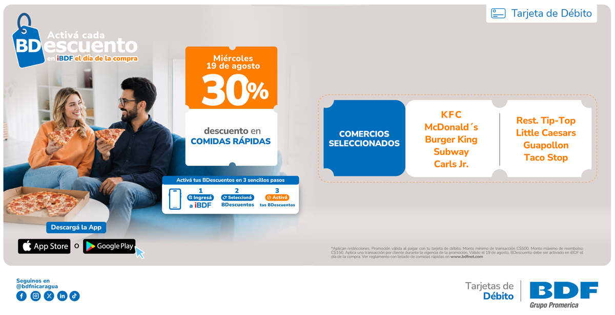 Beneficios exclusivos Tarjetas de Crédito BDF - 30% de descuento en Comidas rápidas