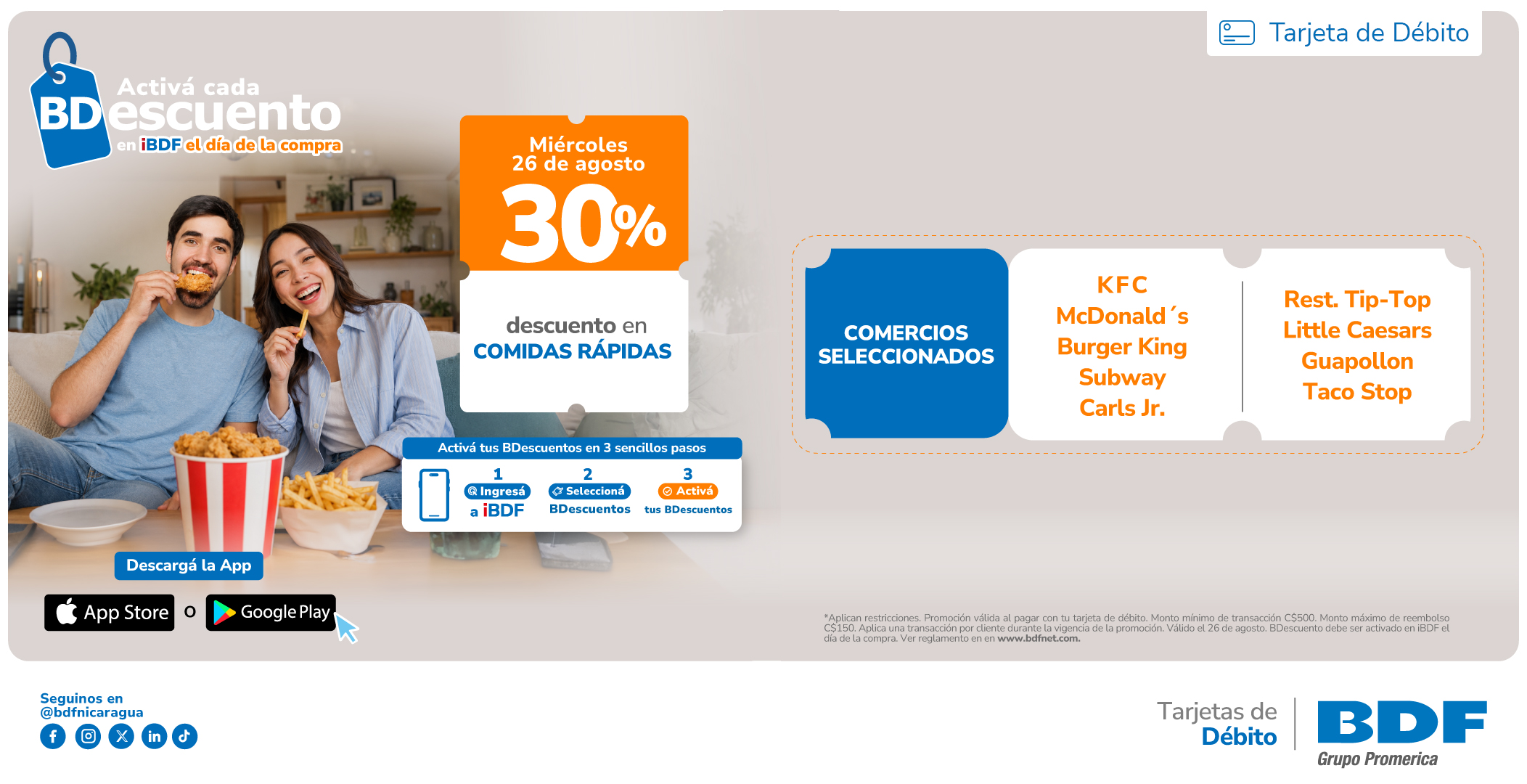 Beneficios exclusivos Tarjetas de Crédito BDF - 30% de descuento en Comidas rápidas