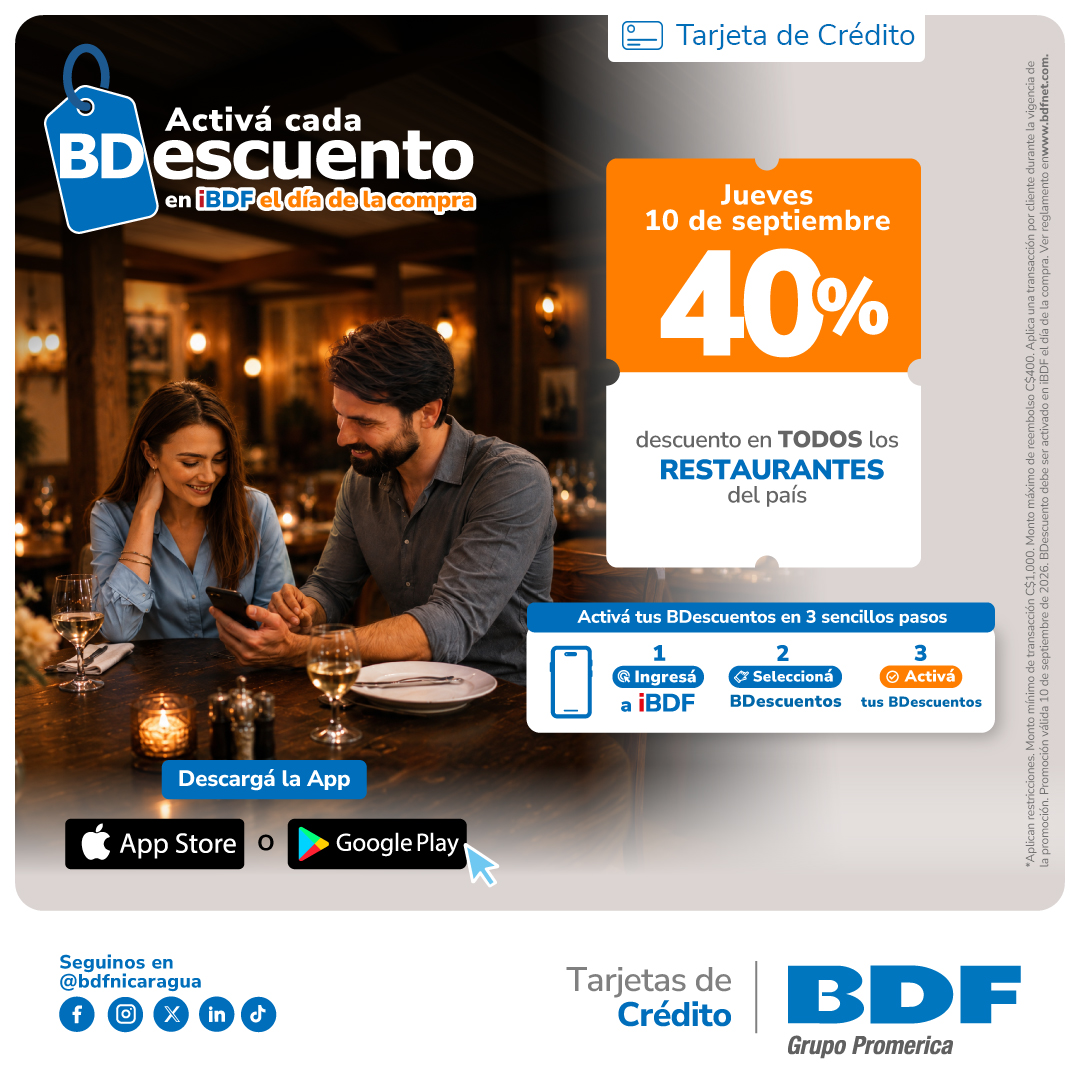 Beneficios exclusivos Tarjetas de Crédito BDF - 40% de descuento en Restaurantes