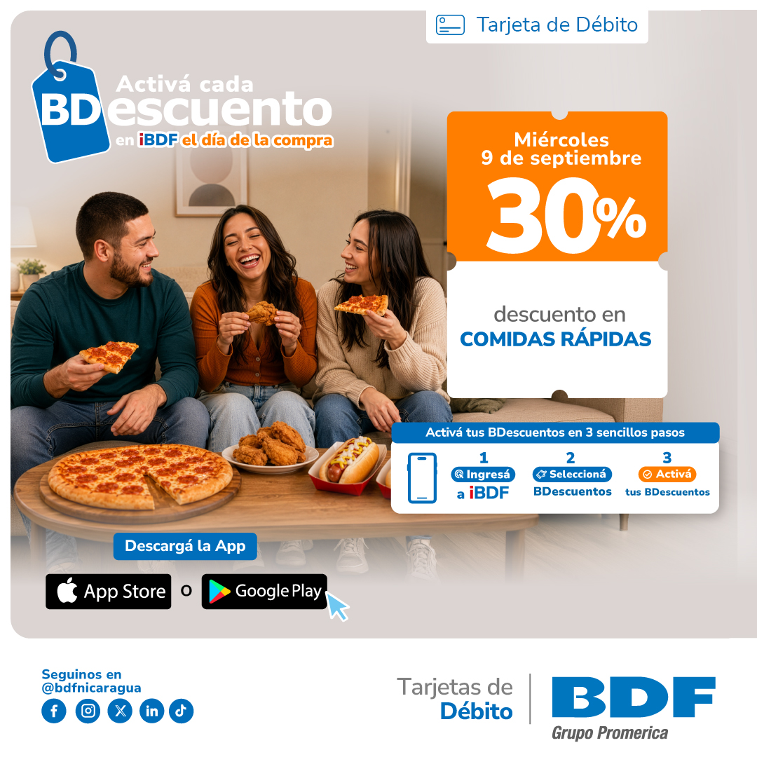 Beneficios exclusivos Tarjetas de Crédito BDF - 30% de descuento en Comidas rápidas