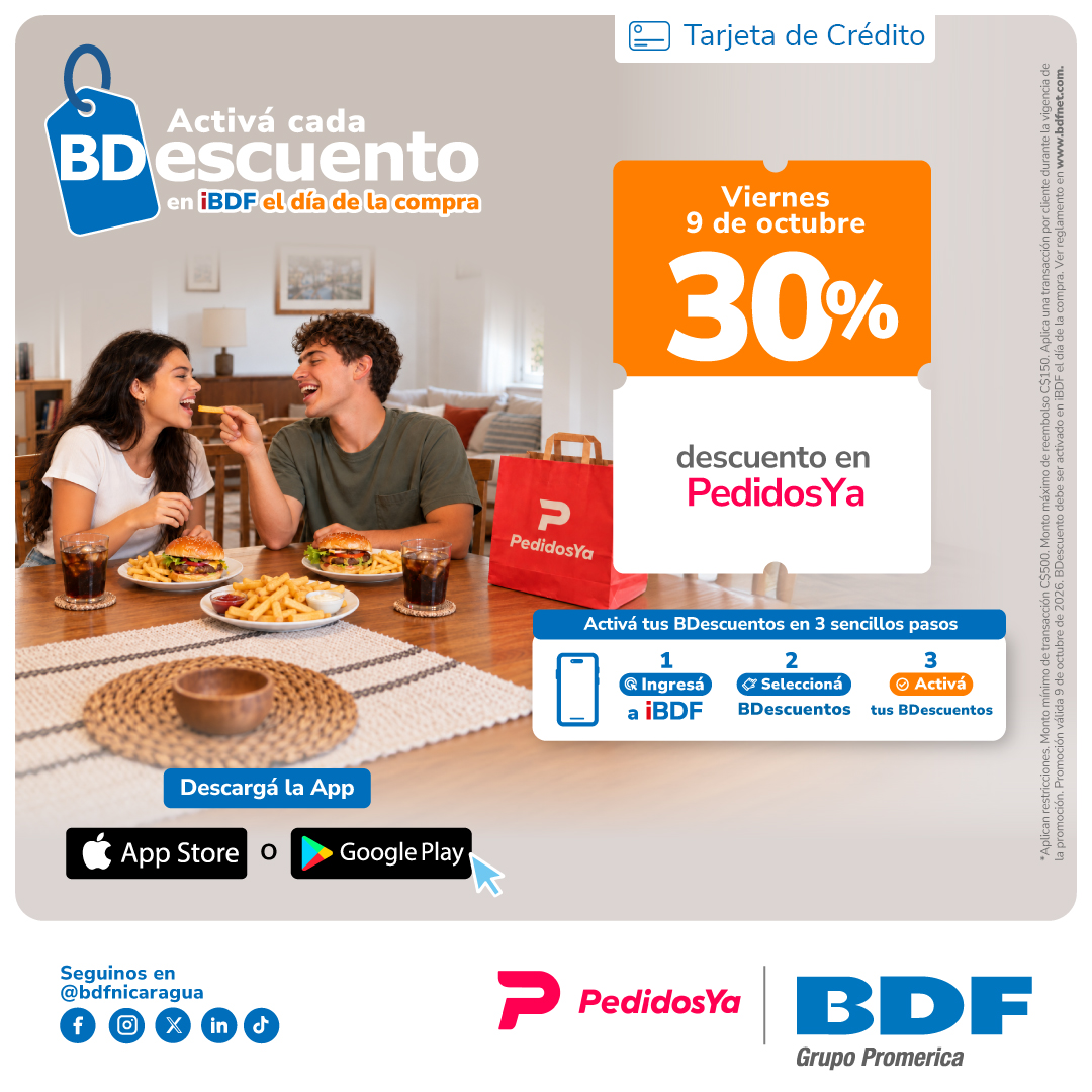 Beneficios exclusivos Tarjetas de Crédito BDF - 30% de descuento en toda la app de PedidosYa