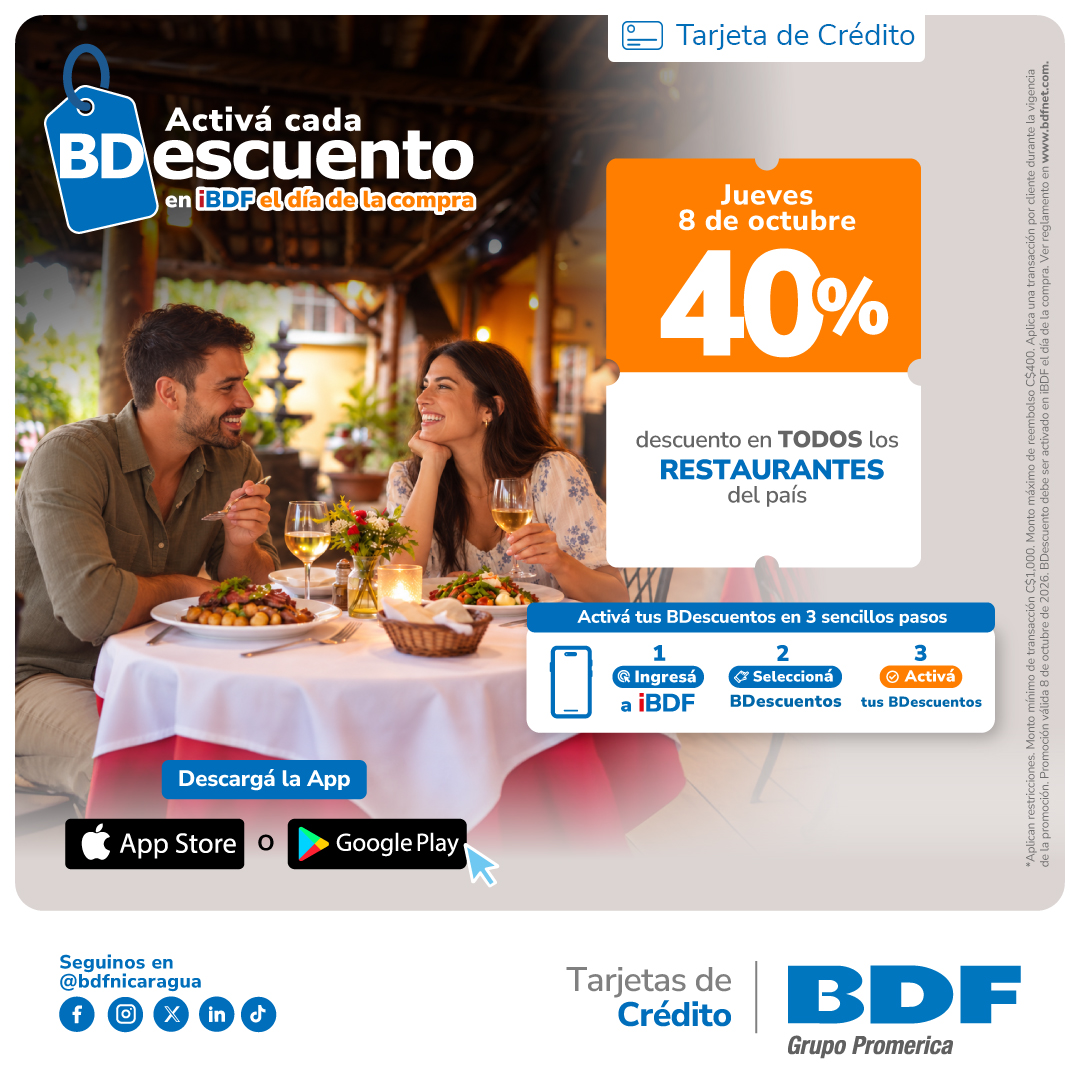 Beneficios exclusivos Tarjetas de Crédito BDF - 40% de descuento en Restaurantes