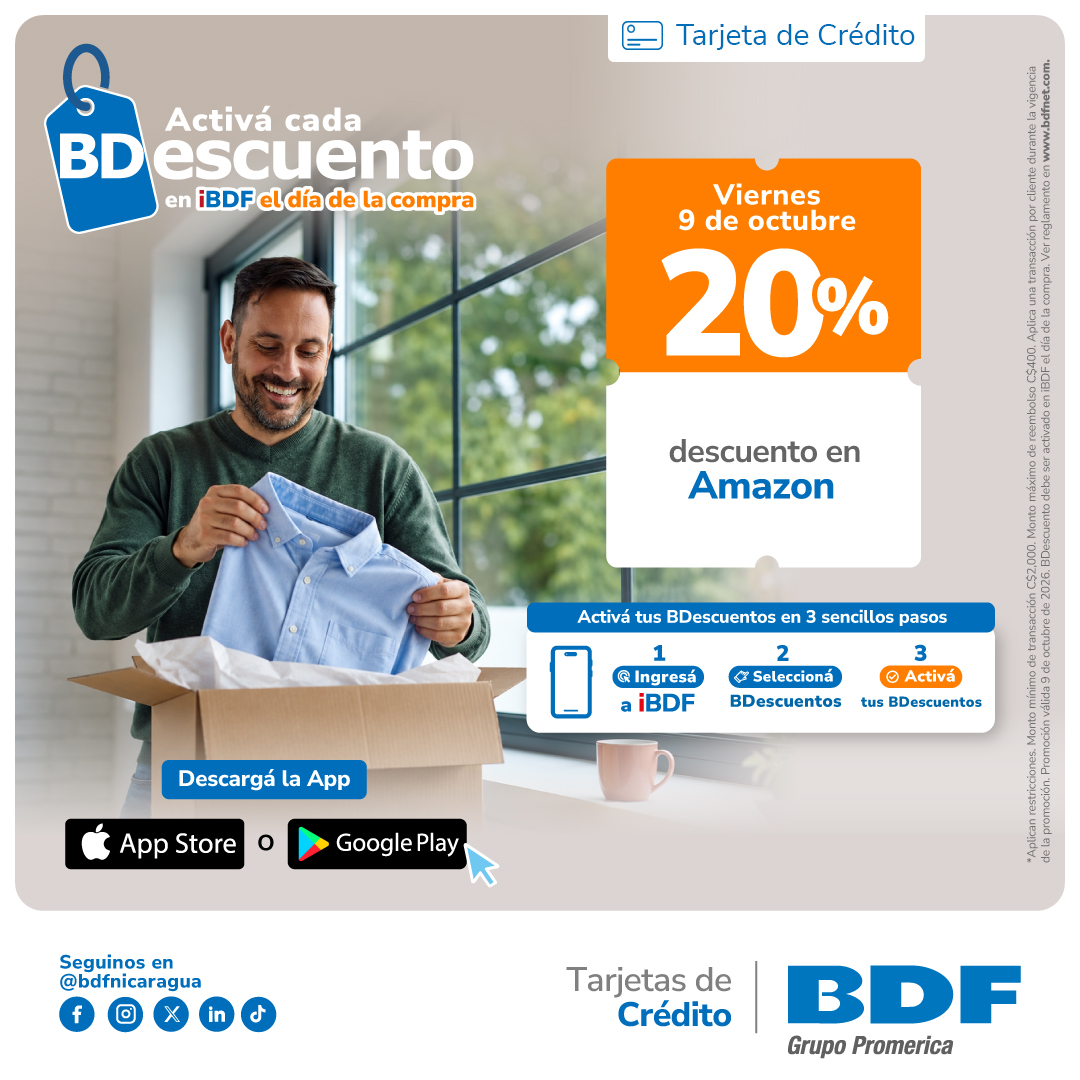 Beneficios exclusivos Tarjetas de Crédito BDF - 20% descuento en todas las compras en línea en Amazon