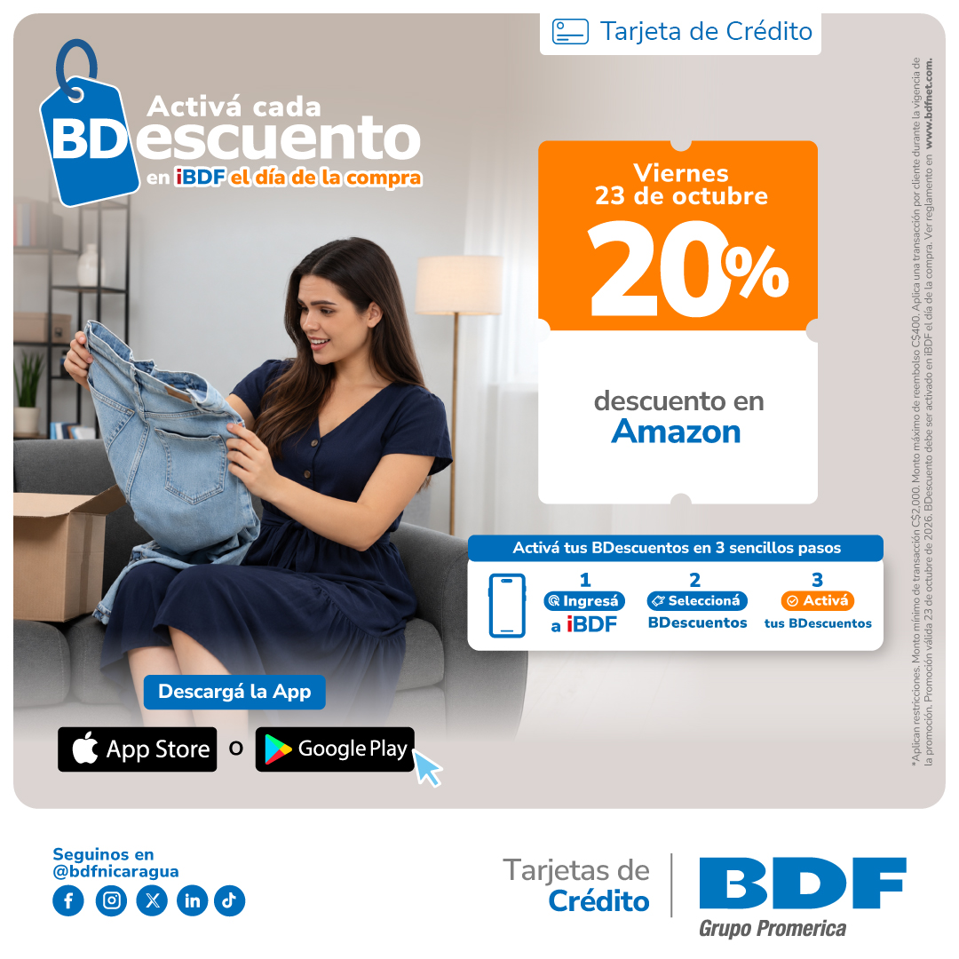 Beneficios exclusivos Tarjetas de Crédito BDF - 20% de descuento en todas las compras en línea en Amazon