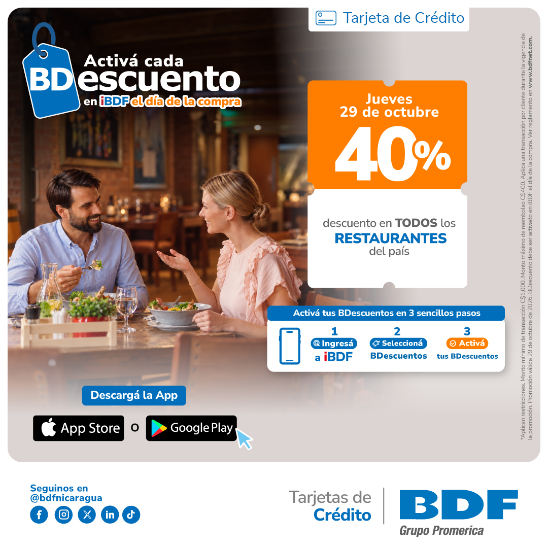 Beneficios exclusivos Tarjetas de Crédito BDF - 40% de descuento en Restaurantes