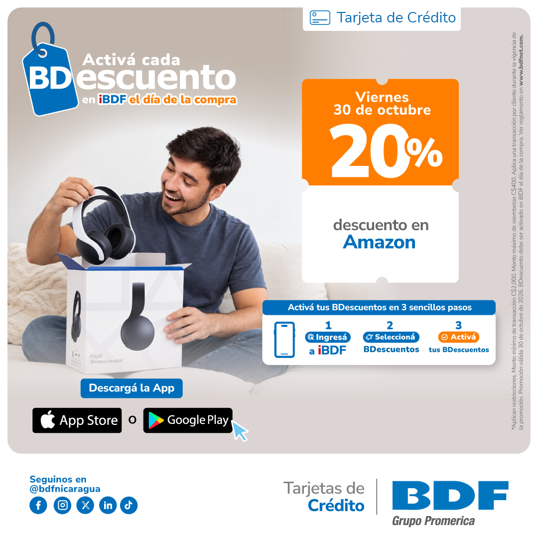 Beneficios exclusivos Tarjetas de Crédito BDF - 20% descuento en todas las compras en línea en Amazon