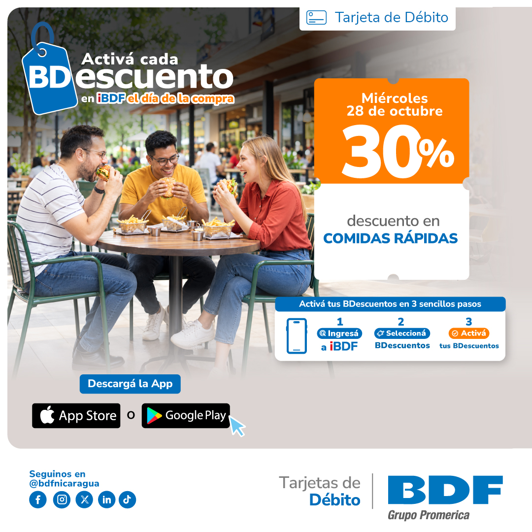 Beneficios exclusivos Tarjetas de Crédito BDF - 30% de descuento en Comidas rápidas
